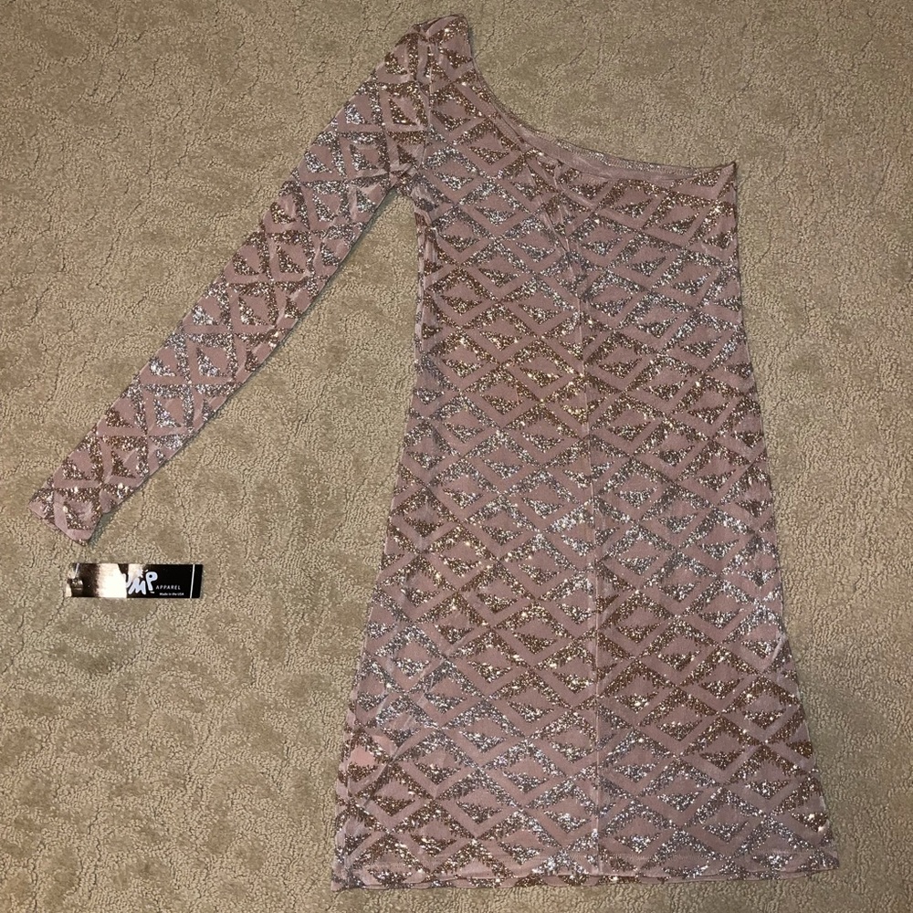 One sleeve beige w/ gold/silver glitter dress